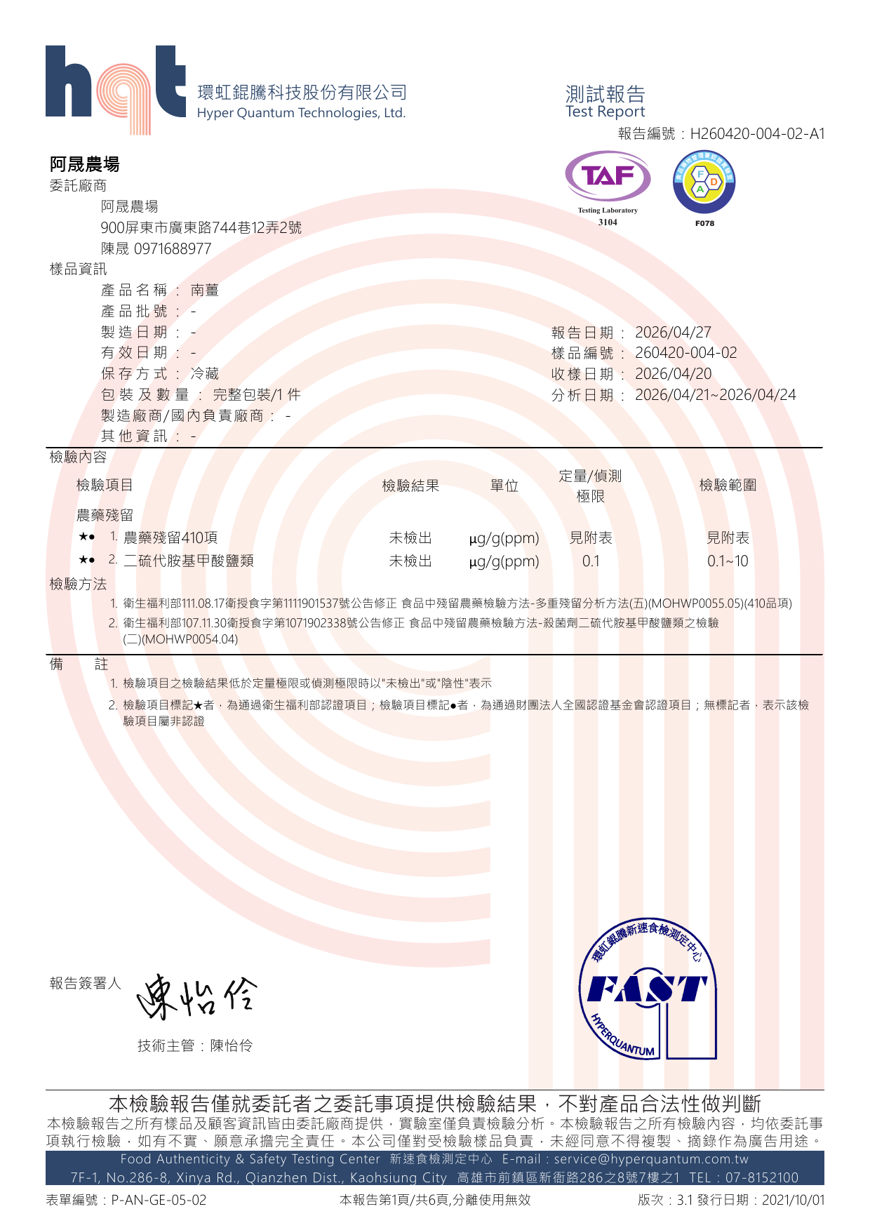 南薑檢驗報告