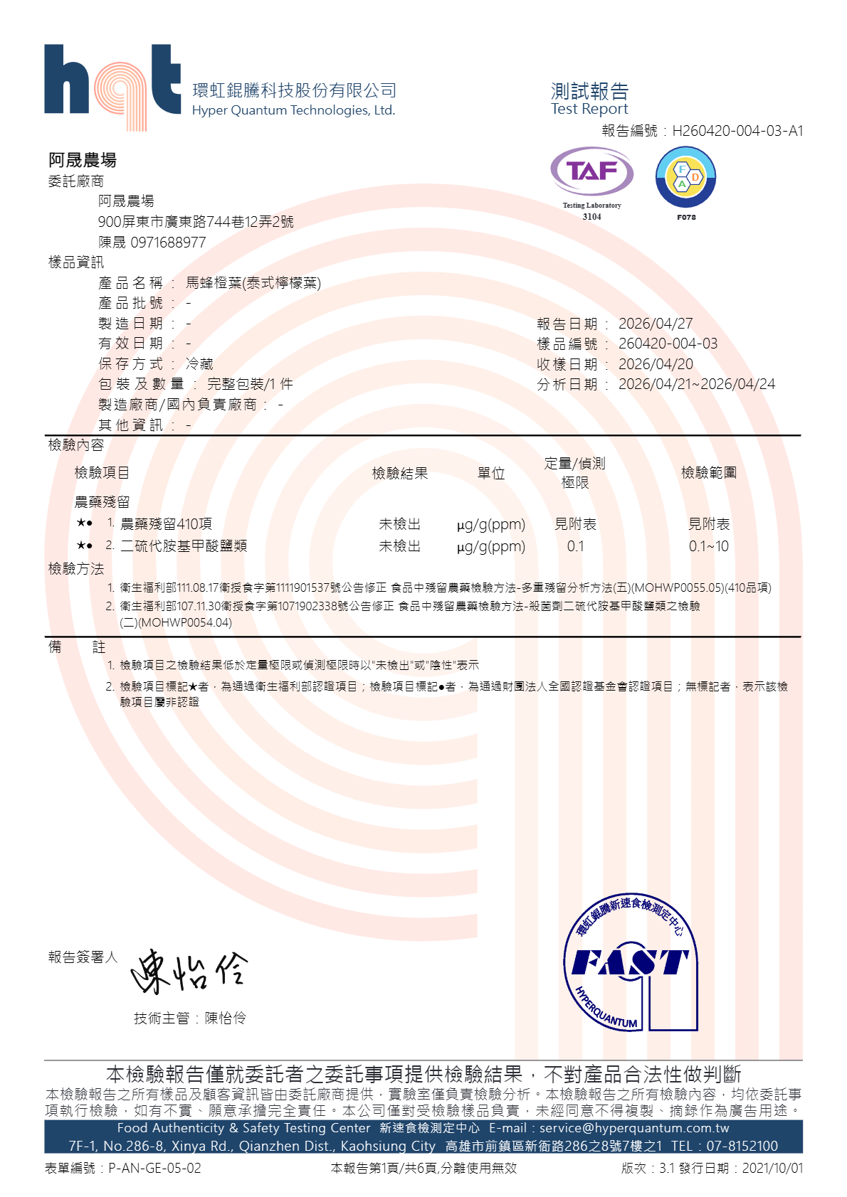 馬蜂橙葉(泰式檸檬葉)檢驗報告